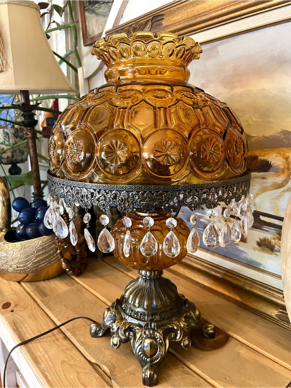 Vintage PERFECTION Amber Moon and Star Table Hurricane Lamp With Crystals